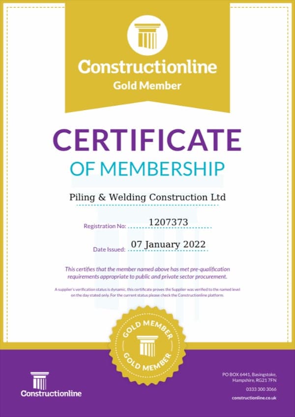 Piling & Welding - Constructiononline Gold Member certificate